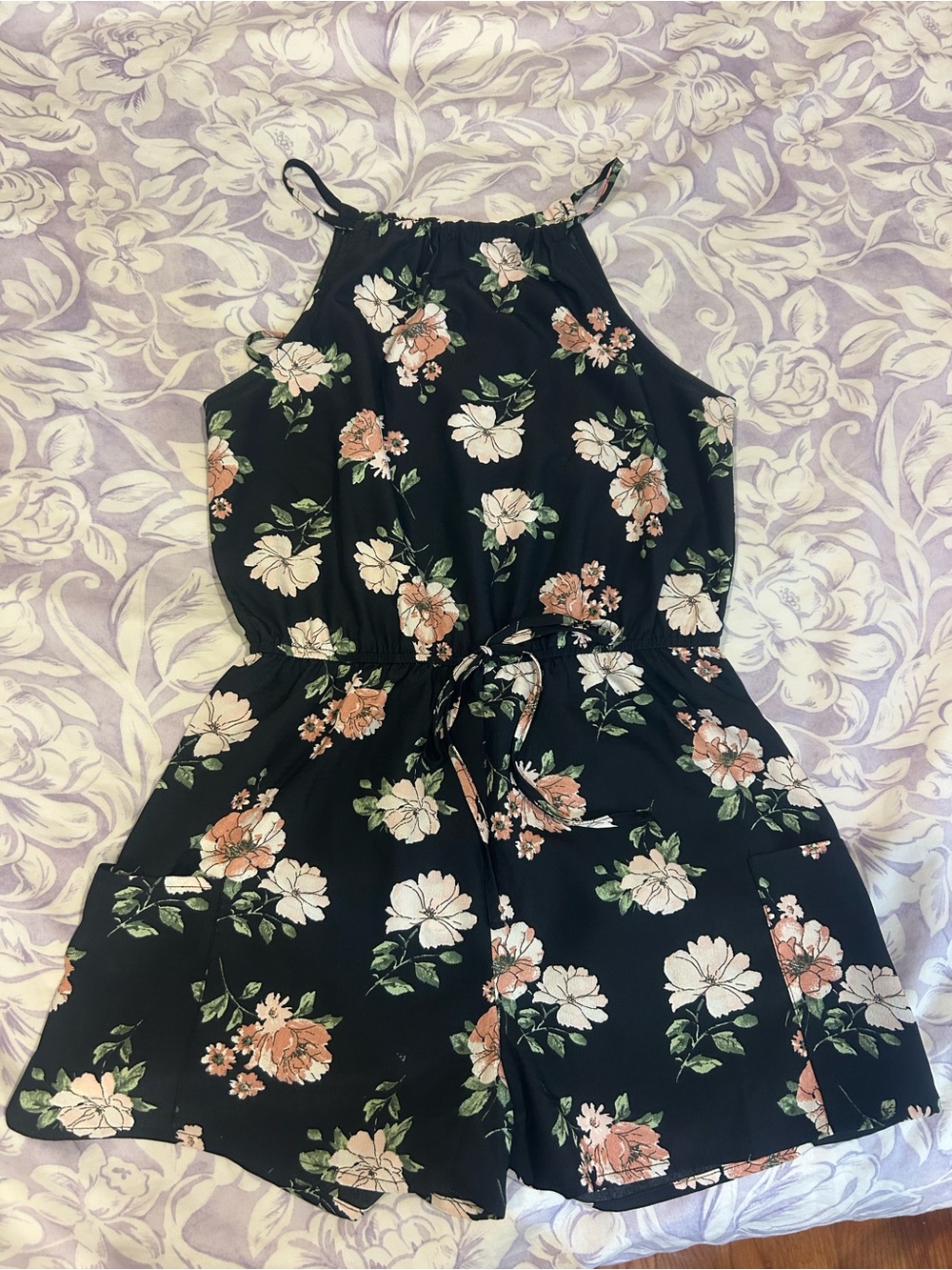 mine Black Floral Halter Romper with Pink & White Flowers
